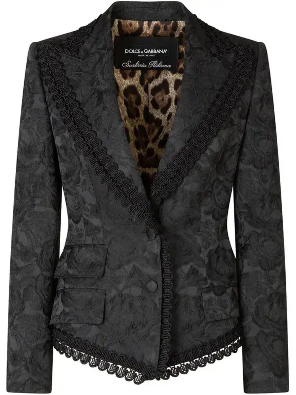 Dolce & Gabbana Black Brocade Lace-Trimmed Blazer with Leopard Lining $3000